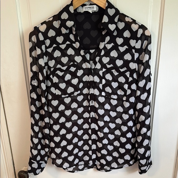 Express // Black and White Heart Pattern Portofino Button Down Blouse - Picture 1 of 7